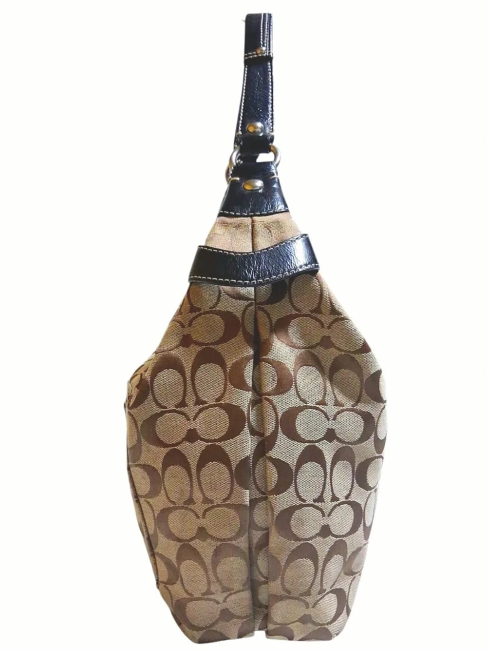 COACH Penelope Signature Hobo Canvas Bag Tan Brown with Black Handle and Trim